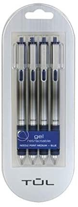 TUL Gel Pens, Retractable, Needle Point, 0.7 mm, Blue Barrel, Blue Ink, Pack of 4