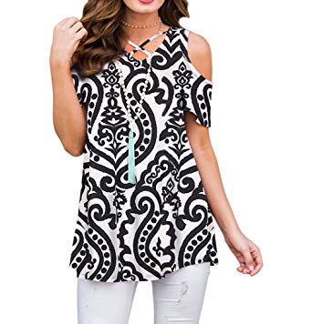 ZZER Women's Casual Floral Print Cold Shoulder Tunic Tops V-Neck Criss Cross T-Shirts Blouses