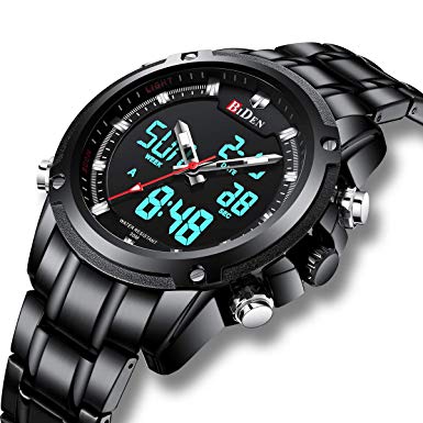 Mens Analogue Digital Watches Men Chronograph Waterproof Sport Watch Military Large Face LCD Back Light Alarm Day Date Stopwatch Multifunctional Wrist Watches for Men Stainless Steel Black