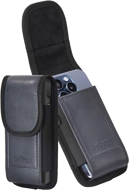 BELTRON Leather Phone Holster with Belt Clip, Universal Pouch for iPhone 14/15 Pro Max, iPhone 15 Plus, Galaxy S23 S24 Plus/Ultra, ZFold, Pixel Fold (Belt Loop, Metal Belt Clip & Dual Magnet Closure)