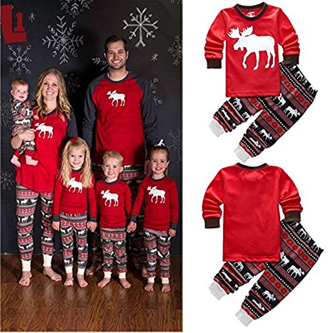 Family Matching Christmas Stripes Deer Pajamas for Kids Mon and Dad Pjs Sets Sleepwear