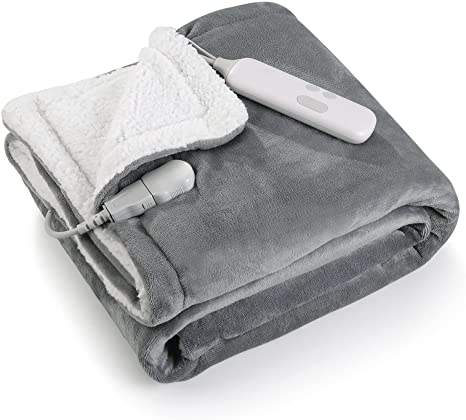 Electric Blanket Heated Throw Flannel & Sherpa Fast Heating Blanket 50" x 60", ETL Certification with 6 Heating Levels & 5 Auto-Off Timing Settings, Home Use & Machine Washable, Grey & White