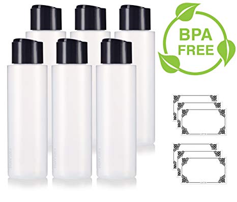 16 oz / 500 ml Professional Natural Clear Refillable Plastic Squeeze (BPA Free) Bottle with Wide Black Disc Cap Lid (6 Pack)   Labels for Shampoo, Conditioner, Body Wash, Lotion, and More