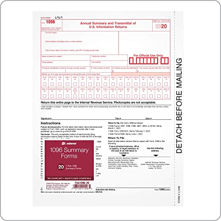 Adams 1096 Forms 2020, Summary Forms for IRS Information Returns, 1 Part Inkjet/Laser Forms, 20 per Pack (TXA1096-20), White, 8-1/2 x 11