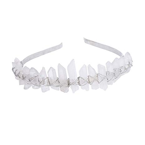 AWAYTR Raw Crystal Quartz Crown – Rhinestone Tiara Mermaid Headband for Woman Weeding and Partie(white)