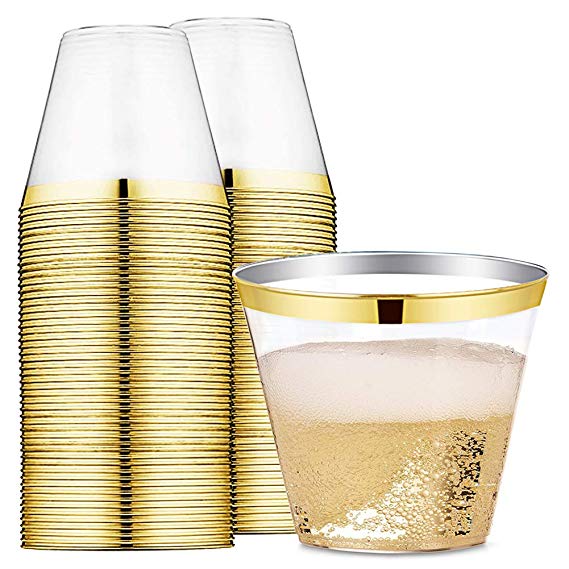 9 oz Gold Rimmed Plastic Cups Clear Plastic Tumblers - Disposable Hard Party Wedding Plastic Cups 60 Pack (Gold Cups)