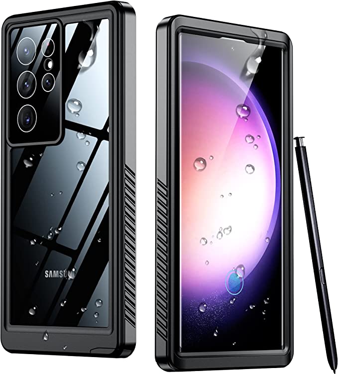 Temdan for Samsung Galaxy S23 Ultra Case,IP68 Waterproof Case with Built-in Screen Protector,Full Body Heavy Duty Shockproof Dustproof Snowproof Clear Case for S23 Ultra 5G 6.8 Inch(Black Clear)