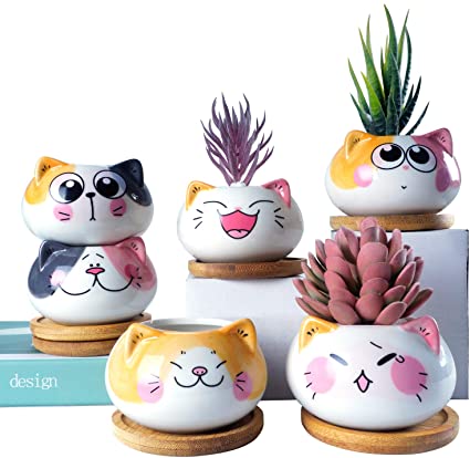 Succulent Pots with Drainage 3.6 Inch Mini Cat Pots for Plants Tiny Animal Planter Small Ceramic Air Plant Flower Pots Cactus Faux Planters Containers with Bamboo Tray