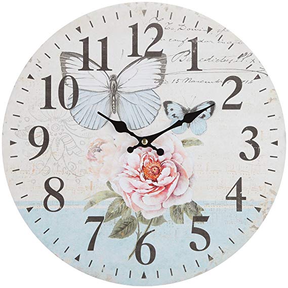 Lily’s Home Retro Style Vintage Inspired Blue Swallowtail Butterfly Floral Garden Kitchen Wall Clock, Battery-Powered with Quartz Movement, Ideal Gift for Garden or Flower Lover (13" Diameter)