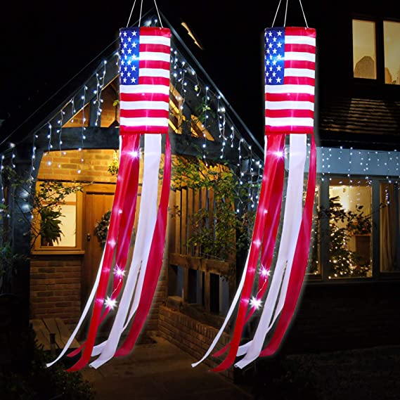 American Flag Windsock Lighting 4th of July US Patriotic Stars Flag Windsocks Hanging Decoration with LED Lights for Independence Day Memorial Day Party Outdoor Yard Patio Garden Pathway (2 Pieces)