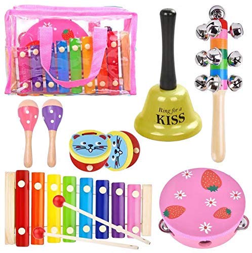Toddler Musical Instruments - Girls Musical Instruments Wood Xylophone for Kids Children, Child Wooden Music Shakers Percussion Instruments Tambourine Birthday Christmas Gifts 10 PCS