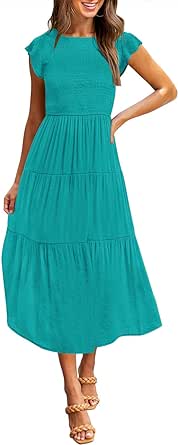 MEROKEETY Women's Flutter Short Sleeve Smocked Midi Dress Summer Casual Tiered A-Line Dress