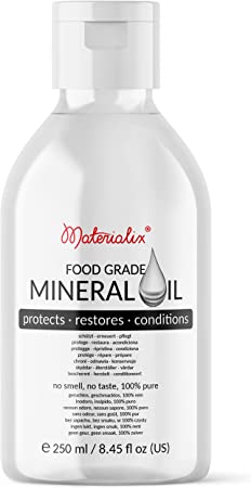 Materialix Food Grade Mineral Oil - Tasteless and odourless, no additives - Suitable for Wood and Bamboo countertops, Cutting Boards and Butcher Blocks, Stainless Steel, Stone and More! (8.45 fl oz)
