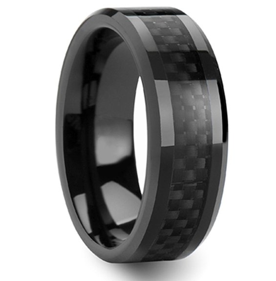 King Will Mens Tungsten Carbide Ring 8mm Black Carbon Fiber Inlay Polish Edges Comfort Fit