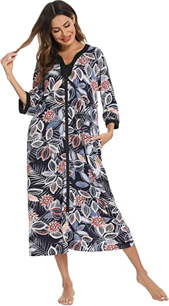 Bloggerlove House Dresses for Womens Robe Long Zip Up House Coat Half Sleeve Night Gowns Comfy Sleepwear Print Loungewear