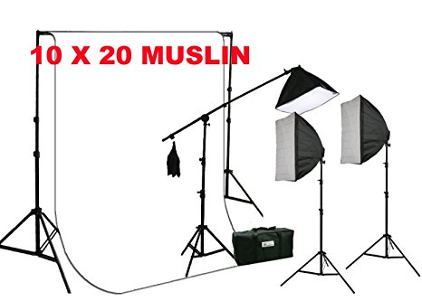 ePhoto Large 10 x 20 White Muslin Backdrop Support Stand with 2700 Watt 3 Softbox Photo Video Hair Boom Light Kit Case H604SB1020W
