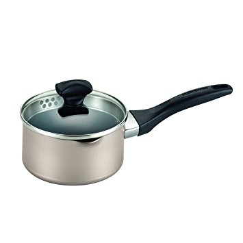 Farberware Dishwasher Safe Nonstick Aluminum 1 Quart Covered Straining Saucepan with Pour Spouts, Champagne