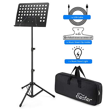 Eastar Folding Sheet Music Stand EMS-1 Portable Metal Stand Kit With Light Carrying Bag Black