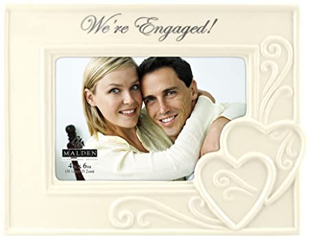 Malden International Designs Glazed Ceramic With Silver Accents "We're Engaged " Picture Frame, 4x6, White