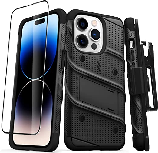 ZIZO Bolt Bundle for iPhone 14 Pro (6.1) Case with Screen Protector Kickstand Holster Lanyard - Black