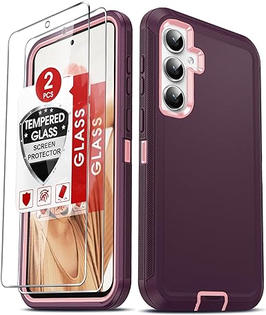 LeYi for Samsung Galaxy S23-FE-Case: with 2 PCS Tempered Glass Screen Protector, Heavy Duty 3 in 1 Samsung S23 FE Case, Military Grade Shockproof Phone Case for S23FE/ 23 FE 5G, Wine Red Pink