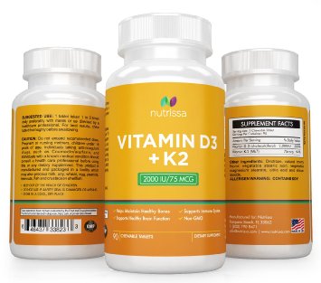 Nutrissa Vitamin D3 with K2 Mk7 - Non-GMO Small Chewable Tablets 2000iu 75 mcg - High Potency Supplement for Immune Support and Bone Health - 100 Money Back Guarantee
