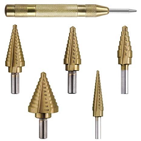 Zacro High Speed Steel Step Drill Set，Titanium Coated Spiral Grooved Pagoda Drilling with Automatic Center Punch HHS Spiral Step Drill Bit for Precision Drilling Different Size Holes