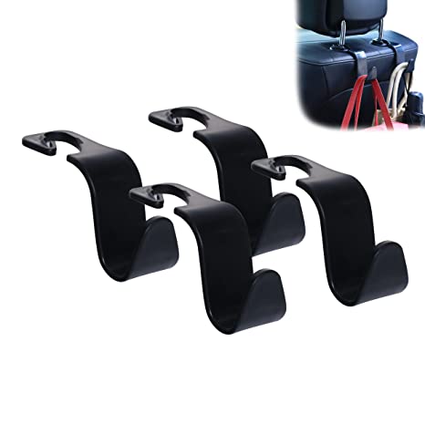 Car Seat Headrest Hook 4 Pack Hanger Storage Organizer Universal for Handbag Purse Coat Universal fit Vehicle Car Black with Buckle