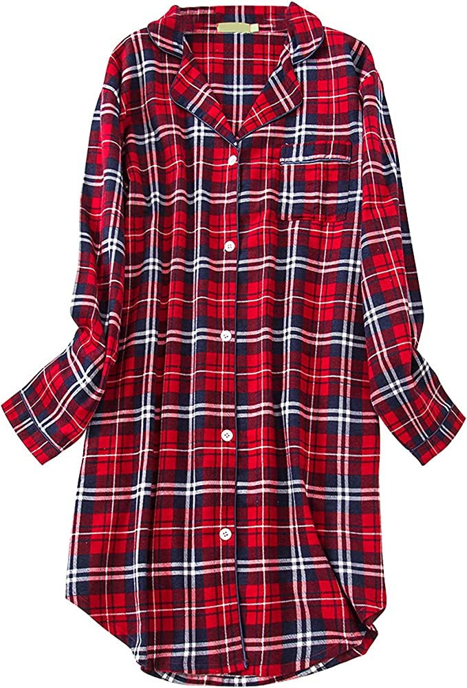Shymay Women's Flannel Cotton Nightgown Button Down Boyfriend Nightshirt Long Sleeve Sleep Shirts Pajama Tops
