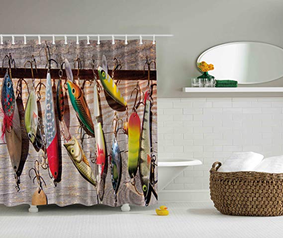 Fish on Hooks Fishing Lure Rods Fisherman Gifts Special Bathroom Impressive Design for Fisherman Creative Exceptional Decoration Fish Theme Nautical Shower Curtain, Taupe Yellow Red Green Navy