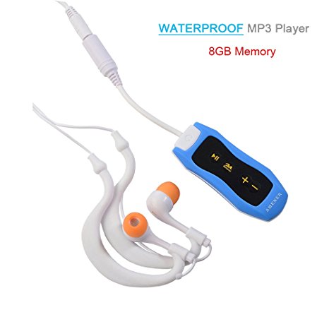 Waterproof MP3 Player, AMENER IPX8 Standards 8GB Portable Underwater MP3 Music Player with FM Radio ( Blue)