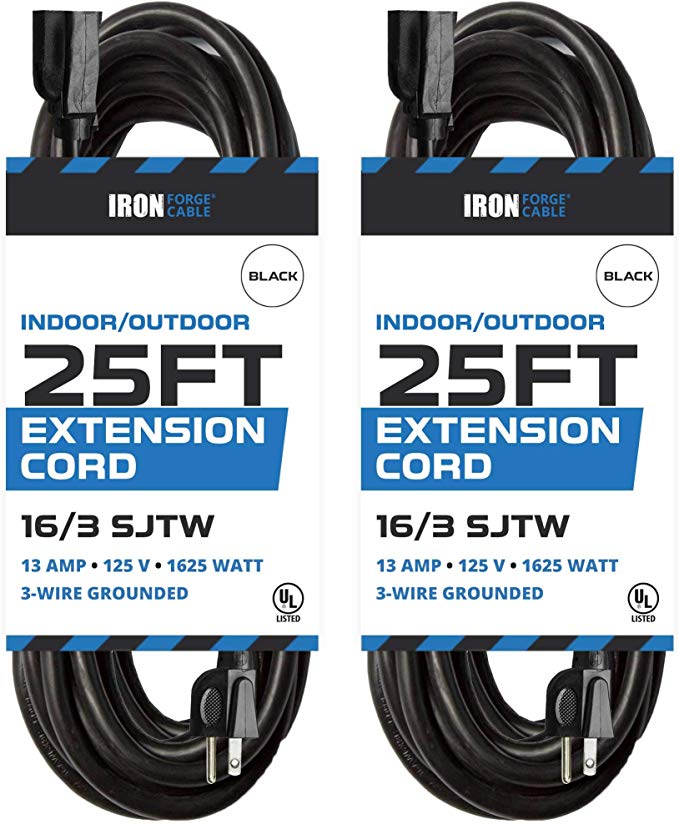 2 Pack of 25 Ft Outdoor Extension Cords - 16/3 Durable Black 3 Prong Extension Cord Pack - Great for Christmas Lights