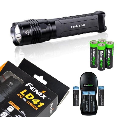 Fenix LD41 XM-L2 U2 680 Lumen LED Tactical Flashlight with Four rechargeable AA batteries Charger and Four EdisonBright AA Alkaline batteries