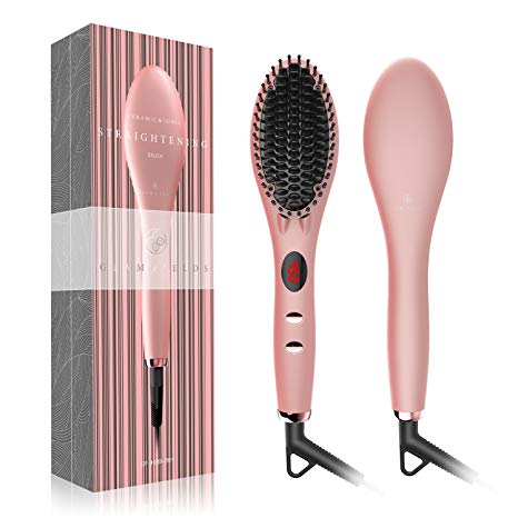 Straightening Brush 2.0, GLAMFIELDS Hair Straightener Iron Brush with Double Negative ions Anti-scald Faster Heating MCH Ceramic Technology 110-240V Travel Size Auto Shut Off Temperature Lock Function