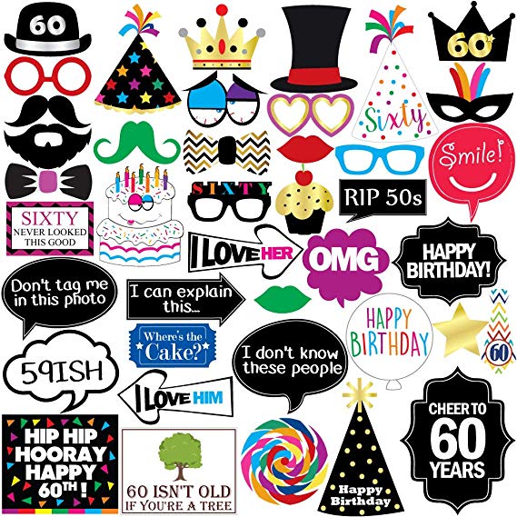 Sterling James Co. 60th Birthday Photo Booth Party Props - 40 Pieces - Funny 60th Birthday Party Supplies, Decorations and Favors