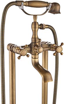 Rozin Floor Standing 2 Knobs Bathtub Faucet with Handheld Shower Set Antique Brass