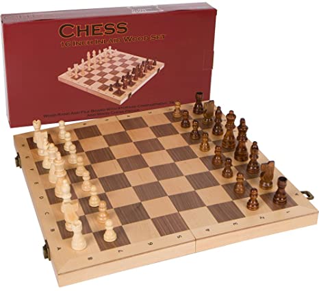 Alina Chess Inlaid Wood Folding Board Game with Ranks and Files Board, Large 16 x 16 Inch Set