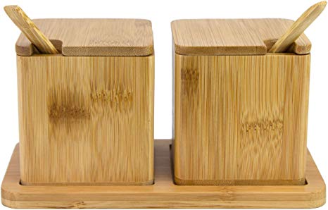 Totally Bamboo Double Dipper Two Salt Boxes with Spoons and Tray, Bamboo, 6 Ounce Capacity Each