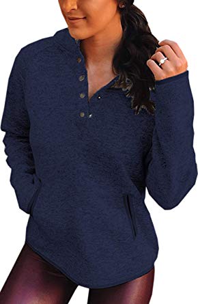 Angashion Women's Sweatshirts - Casual Button Down Asymmetrical High Neck Fleece Lined Long Sleeve Pullover Sweatshirt Tops