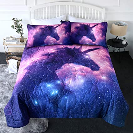 Blessliving 3 Piece Galaxy Unicorn Comforter Set with Pillow Shams Space Bedding Set 3D Reversible Comforter Twin Size Bedding Sets for Teen Girls Soft Comfortable Machine Washable Purple Blue Pink