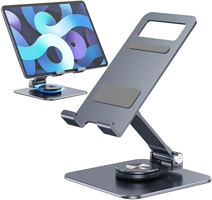pjp electronics Tablet Stand, Aluminum Adjustable and Foldable Swivel Desktop Tablet Holder with 360 Degree Rotating Base, Cradle Stand For iPad/iPad Pro/Air, iPhone, Galaxy Tab, Switch, Phones (Grey)