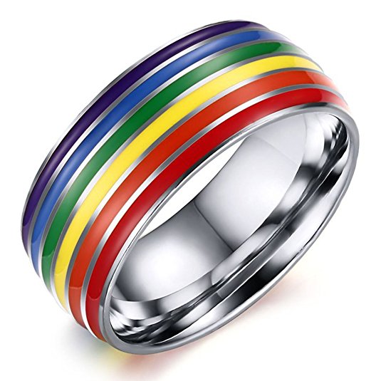 8mm Titanium Stainless Steel Rainbow Enamel Gay Lesbian Wedding Engagement Promise Band LGBT Pride Ring
