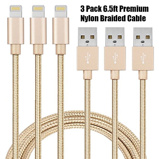 Poweron 3 Pack 6.5ft Certified Nylon Braided 8 Pin Charging Cable Data Transfer For iPhone X iPhone 8 8 Plus, 7 7 Plus 6 6S Plus 5 5S 5C iPad 4th Mini iPad Air, Pro (GOLD)