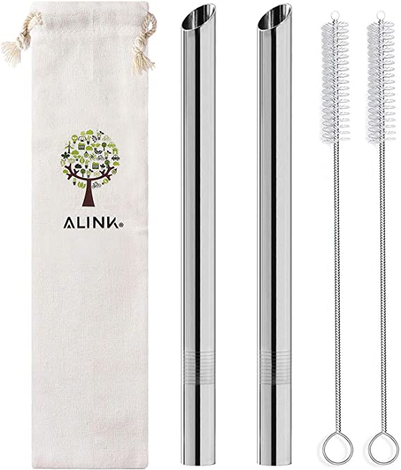 [Pointed Design] ALINK Reusable Metal Boba Straws, 1/2" Wide Stainless Steel Smoothie Straws for Bubble Tea/Tapioca Pearl, 2 Straws   2 Cleaning Brush   1 Case