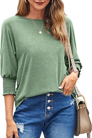 Bluetime Womens Crew Neck 3/4 Sleeve Tops Loose Fit Shirts Casual Solid Basic Tees Shirt Blouses