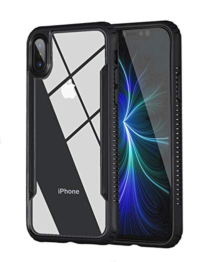 Tesson Ultra Hybrid Apple iPhone X Case, Clear Hybrid Case,Thin Tempered Glass Back Cover and Soft TPU Bumper Frame,Shock-Absorption Bumper Cover, Anti-Scratch Clear Back, HD Clear-Black