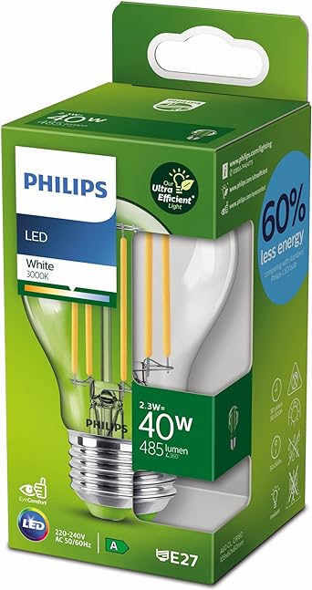 PHILIPS LED Ultra Efficient Light Bulb A Label Energy Rating [White 3000K - E27 Edison Screw] 40 Watts A60 Clear Glass. for Indoor Home Lighting