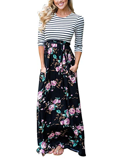 MEROKEETY Women's Striped Floral Print 3/4 Sleeve Tie Waist Maxi Dress with Pockets