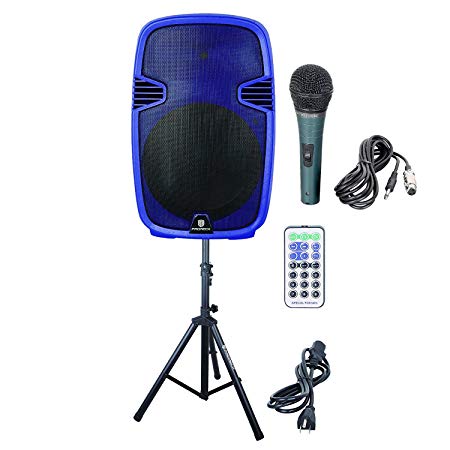 PRORECK PR-C15 Portable 15-inch 600 Watt 2-way Dj/PA Powered Speaker with Bluetooth/USB/SD Card Reader/ FM Radio/Remote Control/LED Light/Speaker Stand, Blue