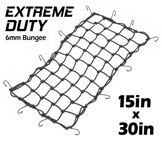 15in x 30in PowerTye Mfg EXTREME Duty Cargo Net with 6mm Premium Elastic, 3in x 3in Mesh and Rubber-Tipped Super Strong Metal Hooks, Black